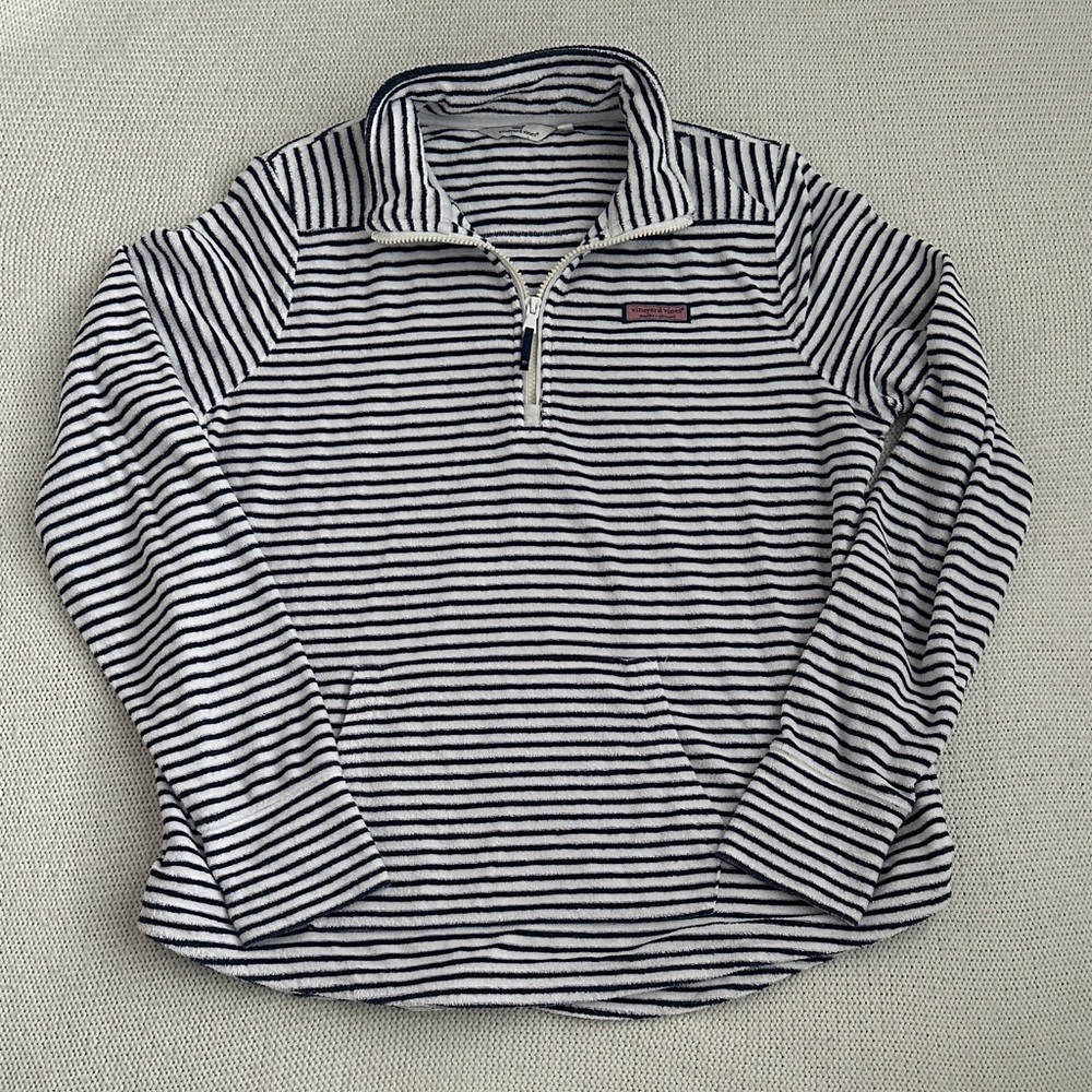 Vineyard Vines White and Navy Striped Quarter-Zip Pullover